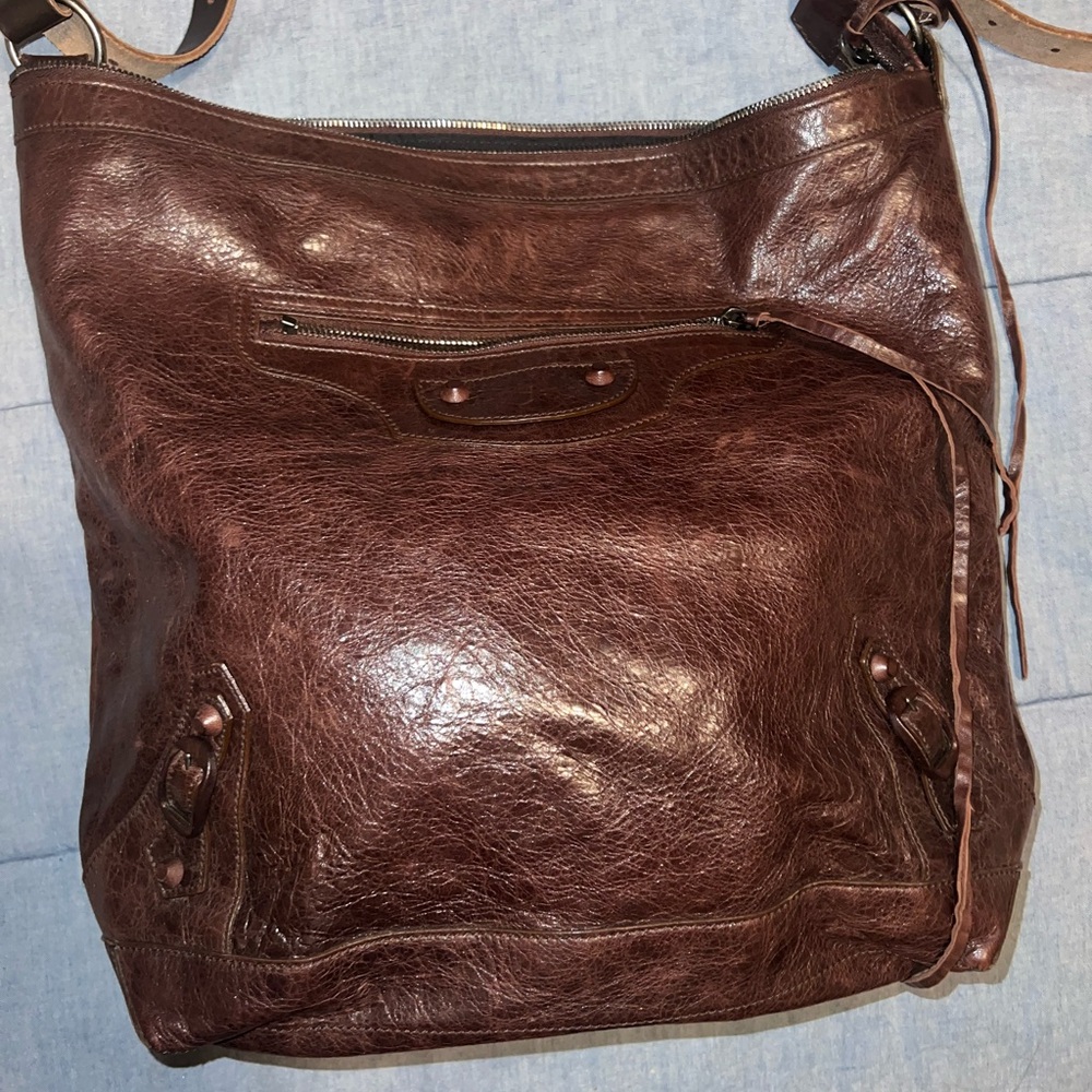 Authentic Balenciaga Brown Crossbody Bag with Distressed Leather Finish